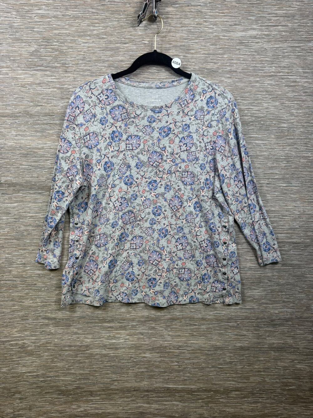 J. Jill Womens Pima Side Button Tee Womens Size L Floral Gray 3/4 Sleeve Casual